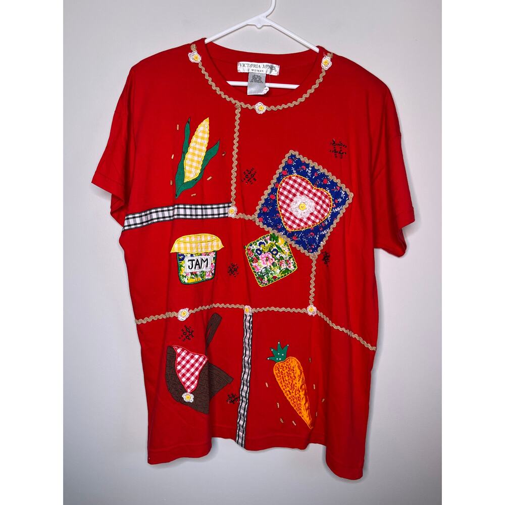 1990s Victoria Jones Farmer Garden Patchwork Whimsical Art To Wear Shirt 2X